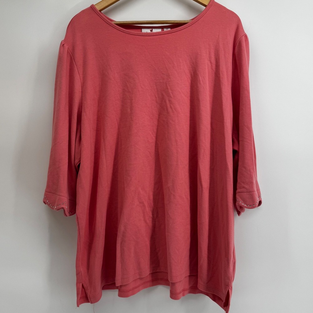 Quacker Factory Jeanne Bice Coral Pink Rhinestone Scallop 3/4 Sleeve Top 3X